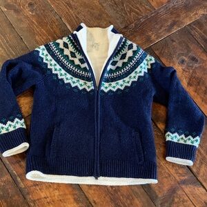 L.L. Bean Navy Blue Fair Isle Zip Sweater with White and Green Accents